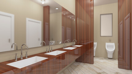 Clean public toilet room empty with wooden partition. 3D rendering.