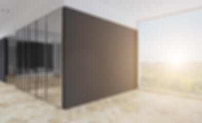 modern office with large windows. loft style furniture. Empty paintings. 3D rendering. Abstract blur phototography