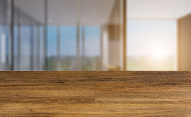 concept of modern office interior. bent forms. walls of wood. big windows. 3D rendering.. Abstract blur phototography. wooden table on blurred background.