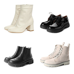 Set with stylish shoes on white background