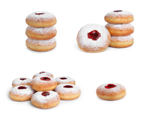 Hanukkah doughnuts with jelly and sugar powder on white background, collage