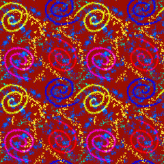 Bright seamless abstract pattern with colored spirals and shapeless strokes on a red background