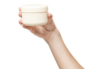 hand holding plastic can of cream Isolated on a white background