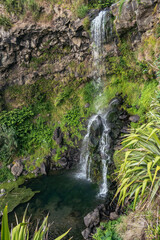 Vegetation in nook, perspective of water falling and cascading from Viola beach to lagoon, S&atilde;o Miguel - Azores PORTUGAL