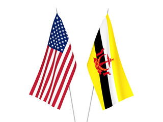 National fabric flags of America and Brunei isolated on white background. 3d rendering illustration.