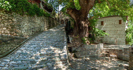 Makrinitsa village, a beautiful, picturesque village in Pelion mountain (Pilio), known for its stone architecture and traditional houses, in Thessaly region, Greece, Europe
