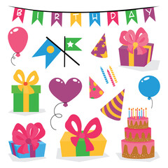 Set of vector birthday party elements on white isolated background. Eps 10
