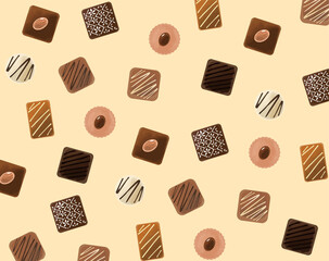 チョコレートイラスト背景素材 総柄 背景色ベージュ