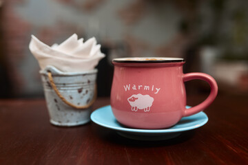 pot of tea with cake and coffee. Orange. Morning