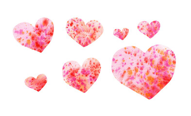 Watercolor illustration of bright abstract coloring pink orange and red hearts isolated on white. Cute set for party decor, textile, souvenirs design