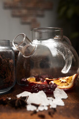 pot of tea with cake and coffee. Orange. Morning