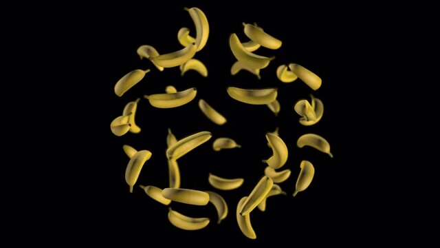 Bananas are swirling in the sphere. They rotate in an orbit. They increase. Carousel 3D-animation. Selective focus. Isolate. Alpha channel. No background. 4K Whirling.