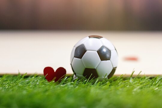 Soccer ball with red heart love for Valentine's Day on green grass