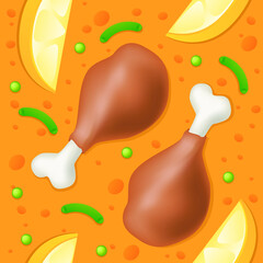 Shallow Pan Emoji Pattern. Poultry Leg Seamless Background Symbols. Restaurant Paella Food Silhouette Emoticon Vegetable Design Vector.