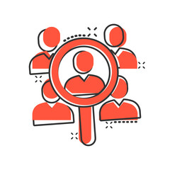 Search job vacancy icon in comic style. Loupe career cartoon vector illustration on white isolated background. Find people employer splash effect business concept.