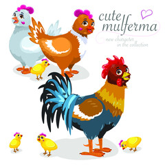 Drawn characters chickens, rooster and chickens. Cute cartoon farm, a new character in the collection