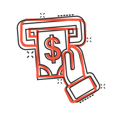Money ATM icon in comic style. Exchange cash cartoon vector illustration on white isolated background. Banknote bill with hand splash effect business concept.