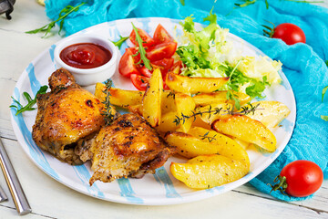 Delicious baked chicken with potatoes on wooden background