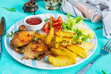 Delicious baked chicken with potatoes on blue background