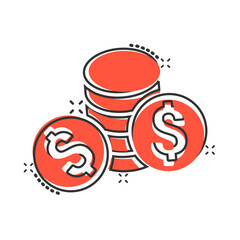 Coins stack icon in comic style. Dollar coin cartoon vector illustration on white isolated background. Money stacked splash effect business concept.