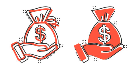 Remuneration icon in comic style. Money in hand cartoon vector illustration on white isolated background. Banknote payroll splash effect business concept.