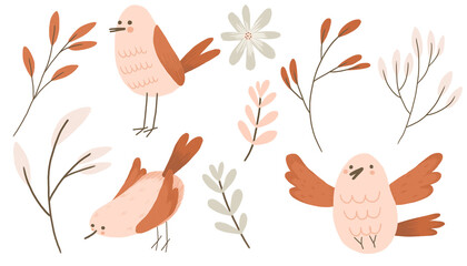 Pink birds and leaves and flowers