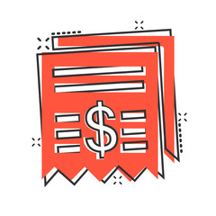 Money check icon in comic style. Checkbook cartoon vector illustration on white isolated background. Finance voucher splash effect business concept.