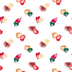 Seamless pattern of pink, green, red, brown and beige lollipops hearts. Symbol of Valentine's Day. Birthday or wedding card invitation backdrop. Watercolor isolated elements on white background.