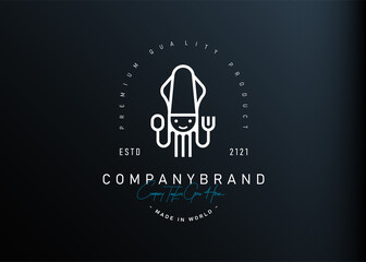 Squid chef logo design inspiration. Vector illustration of a squid holding a fork and spoon. Modern vintage icon design template with line art style.