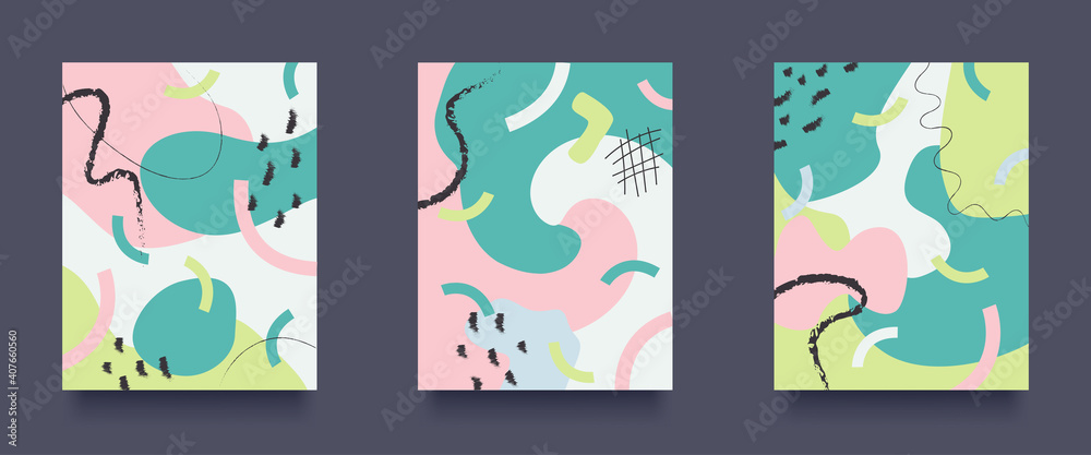 Poster creative abstract background set. hand drawn various doodle objects and shapes. set of abstract patt