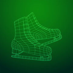 Classic ice figure skates sport equipment. Wireframe low poly mesh vector illustration.