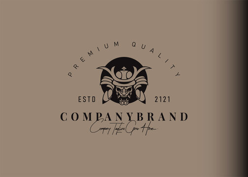 Samurai logo design inspiration. Vector illustration of a samurai with demon face. Modern vintage icon design template with line art style.