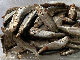 Sprats or Sprattus sprattus salted with spices.