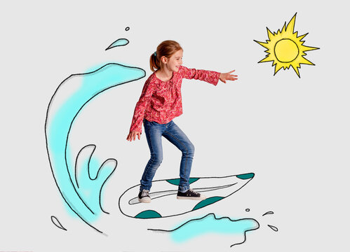 Little girl surfing on colored sketch