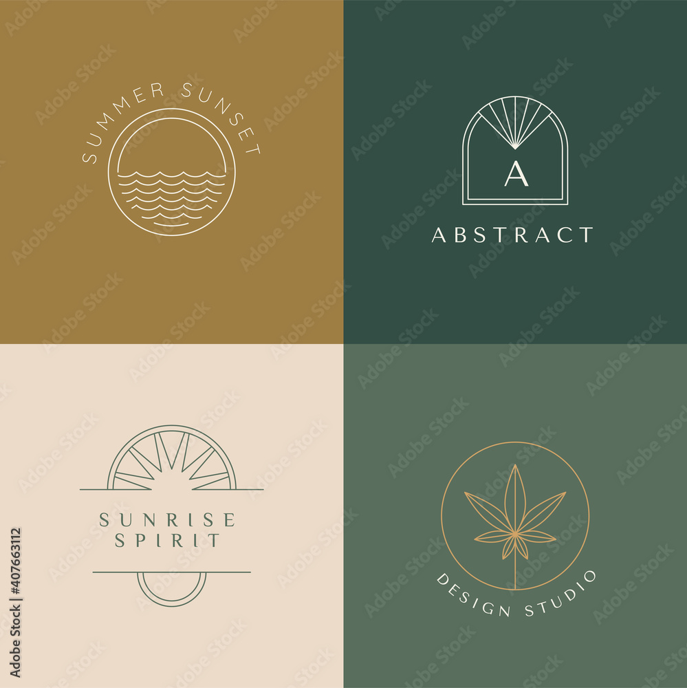 Poster Vector set of linear boho icons and symbols - sun logo design templates - abstract design elements