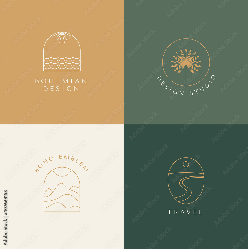 Poster Vector set of linear boho icons and symbols - sun logo design templates - abstract design elements