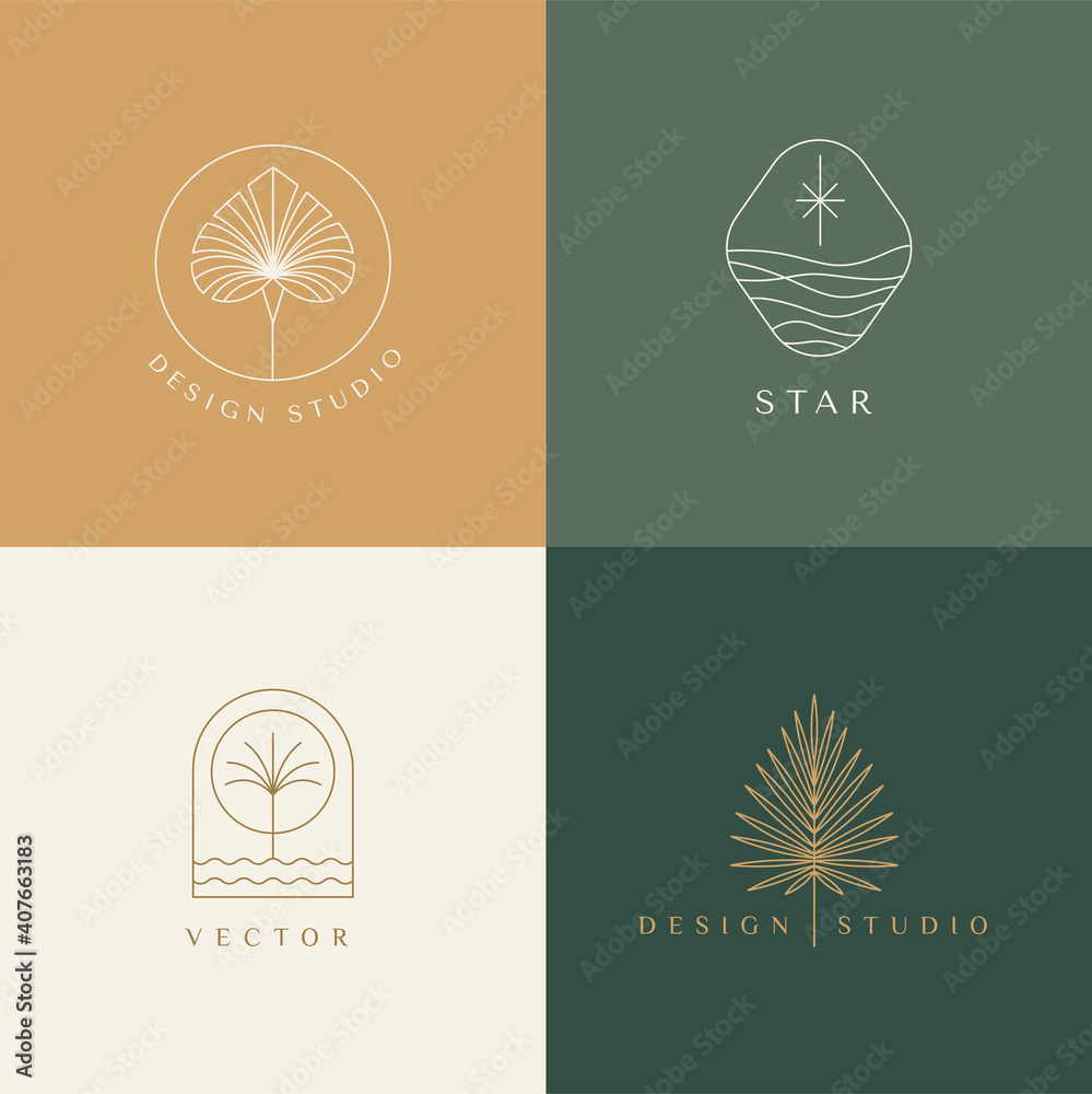 Poster Vector set of linear boho icons and symbols - sun logo design templates - abstract design elements