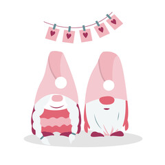Two cute Valentine gnomes. Male and female characters in cartoon style. Vector illustration for romantical design