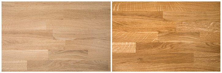 Natural color oak tree wood board kitchen countertop unprocessed before on left and after oiling...