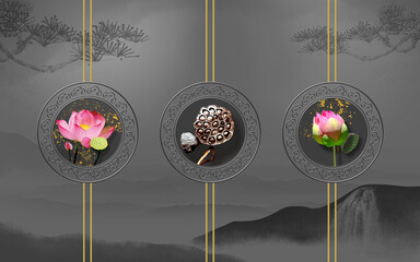 Fototapety  ilustracja 3d, ciemnoszare tło krajobrazu, ozdobne medaliony z jasnymi liliami wodnymi