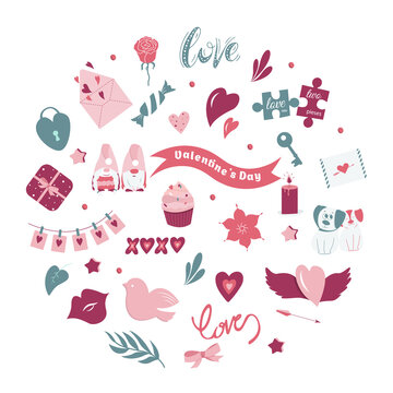 Valentine's day big vector set. Many various romantic objects isolated on background. Vector illustration