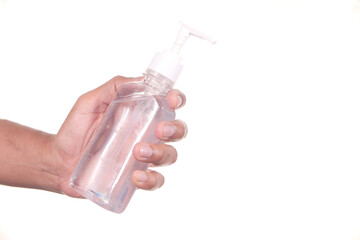 detail shot of holding sanitizer liquid isolated on white with copy space 