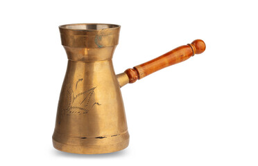 turka, a copper coffee pot with a wooden handle, isolated on a white background