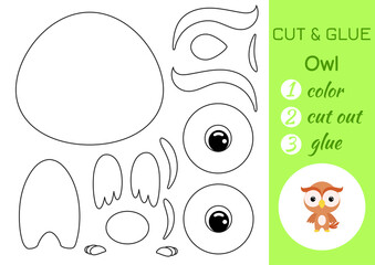Coloring book cut and glue baby owl. Educational paper game for preschool children. Cut and Paste Worksheet. Color, cut parts and glue on paper. Vector illustration.
