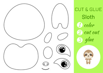 Coloring book cut and glue baby sloth. Educational paper game for preschool children. Cut and Paste Worksheet. Color, cut parts and glue on paper. Vector illustration.