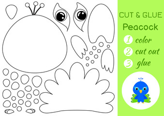 Coloring book cut and glue baby peacock. Educational paper game for preschool children. Cut and Paste Worksheet. Color, cut parts and glue on paper. Vector illustration.