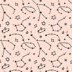 Space black and white doodle seamless pattern - hand drawn line digital paper with space, stars, constellations, cute kids seamless background for textile, scrapbooking, wrapping paper