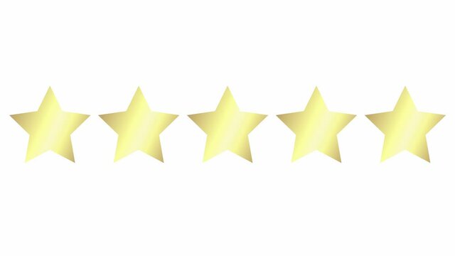 Animated five golden stars customer product rating review. Vector flat illustration isolated on the white background