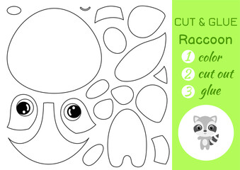 Coloring book cut and glue baby raccoon. Educational paper game for preschool children. Cut and Paste Worksheet. Color, cut parts and glue on paper. Vector illustration.