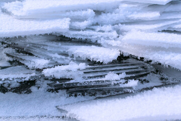 Pieces of blue ice with snow on a frozen reservoir. Winter in Eastern Europe. Horizontal orientation.